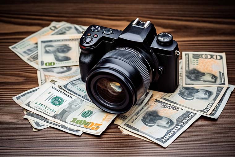 a dslr is kept on a table with money on it